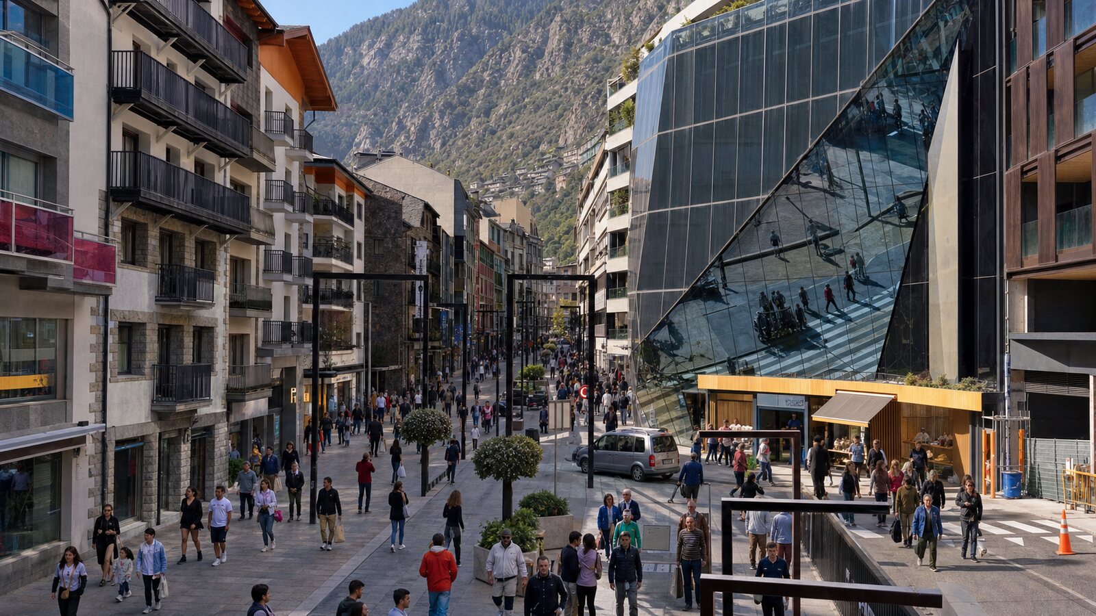 Avenida Meritxell llena de peatones entre edificios y montañas