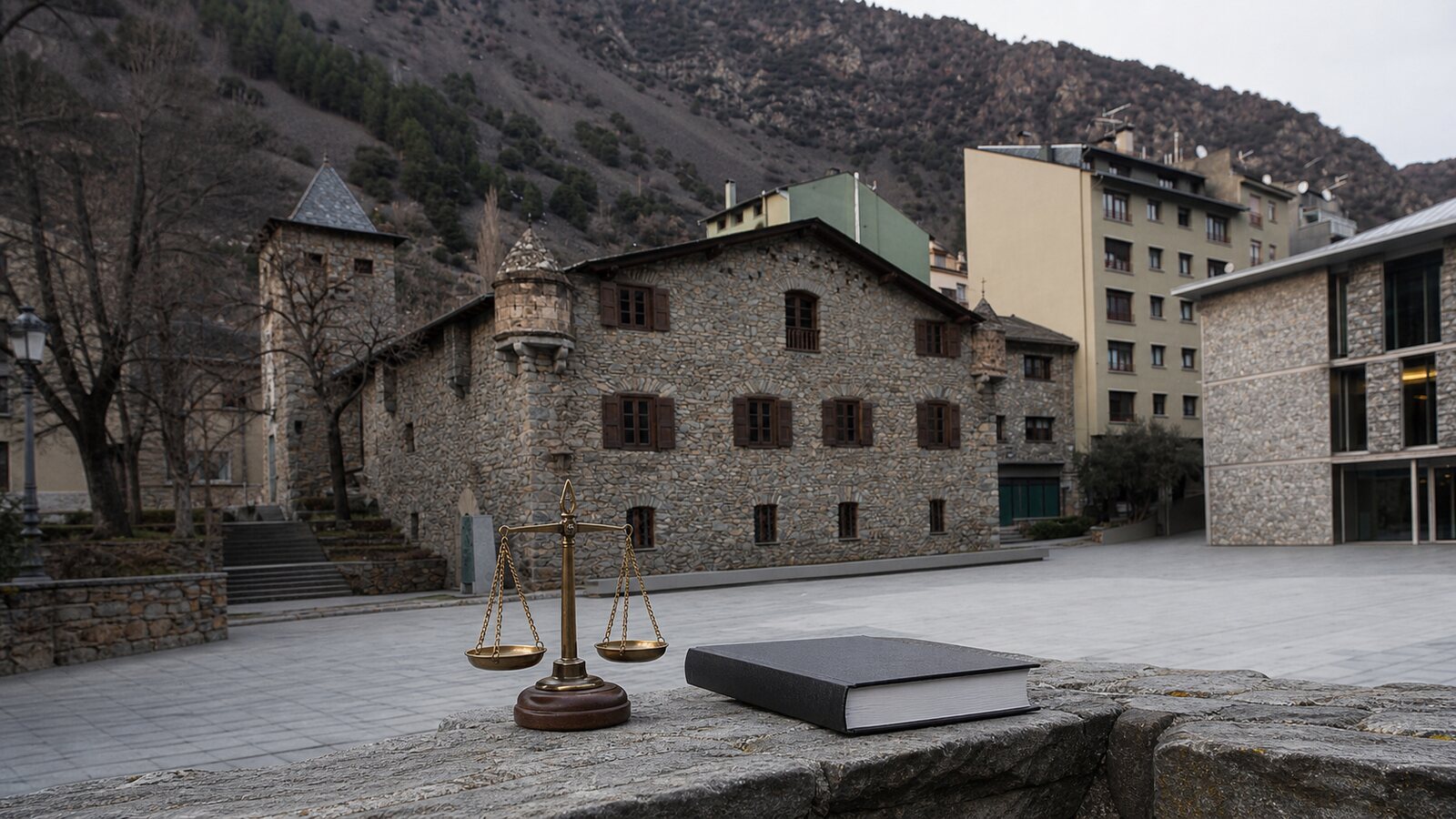 Balanza de la justicia y libro ante la Casa de la Vall